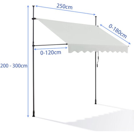 Canopée Auvent rétractable beige 2.5m Store Manuel Balcon Exterieur sans Percer avec Marquise Soleil terrasse Hauteur réglable