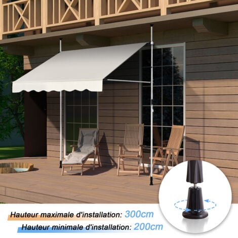 Canopée Auvent rétractable beige 2.5m Store Manuel Balcon Exterieur sans Percer avec Marquise Soleil terrasse Hauteur réglable