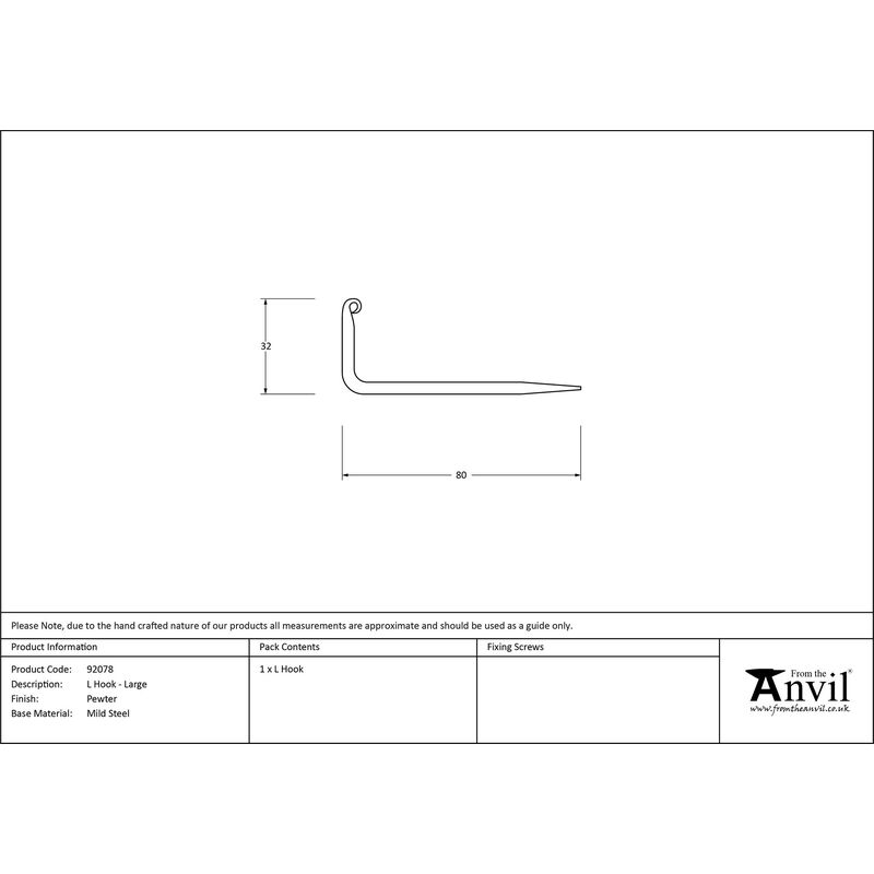 From The Anvil 92078 L Shaped Hook (Large) - Pewter