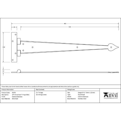 From The Anvil External Beeswax 18 Arrow Head T Hinge (pair)