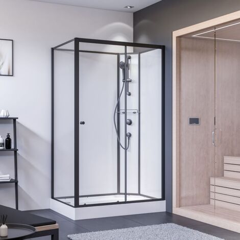 Breuer Komplettdusche als Schiebetür mit Seitenwand 800x1200mm Anschlag rechts Klarglas hell Rückwände weiß, Mattschwarz