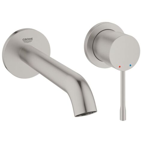 Grohe Essence 2-Loch-Waschtisch-Wandbatterie Ausladung 183mm, Supersteel, Professional Edition, Fertigmontageset