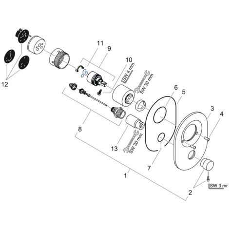hansgrohe Umrüstset Chrom von Kugelkartusche auf M3 Kartusche für Wannenmischer Unterputz 80mm