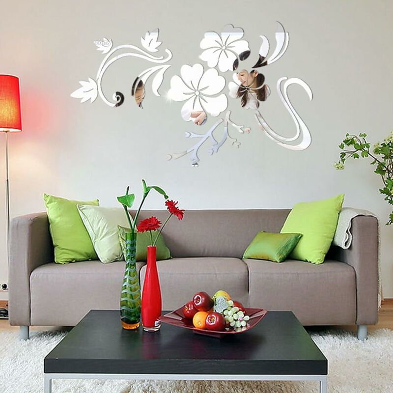 Pegatina de pared con espejo 3D de ramas de árbol, autoadhesiva, extraíble,  de acrílico, para decoración del hogar, sala de estar, dormitorio (11 x 39  pulgadas, plateado)