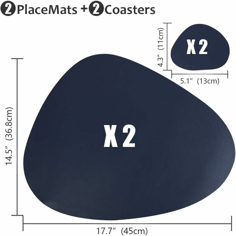 4 manteles individuales de 45 x 38 cm y 4 posavasos de 13 x 11 cm para mesa de café Olrla Juego de manteles individuales y posavasos de piel sintética azul claro