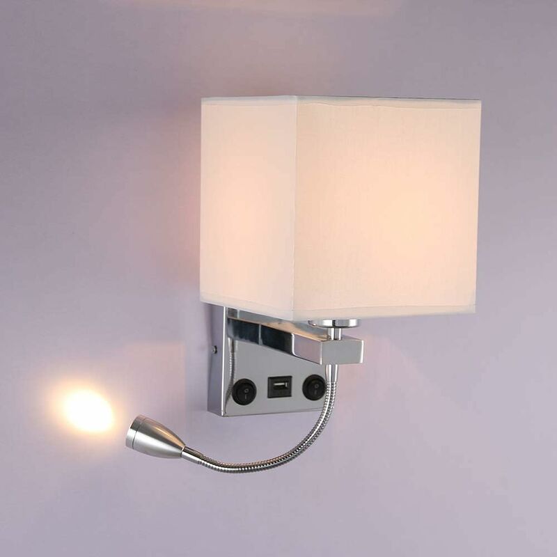 Aplique de pared giratorio con enchufe LED con estante para dormitorio,  mesita de noche, lámpara de pared de lectura de metal oscilante con puerto  de