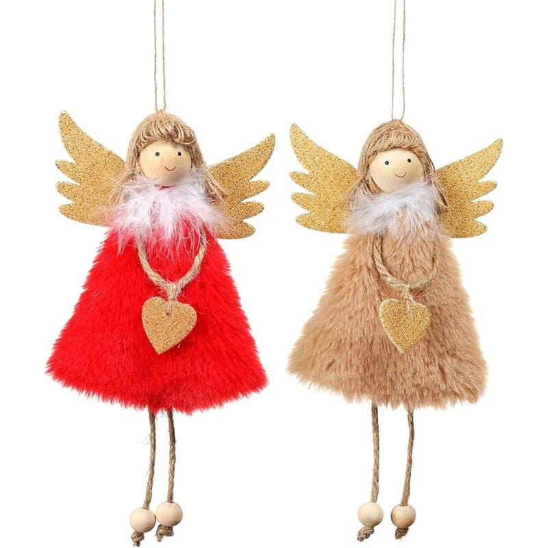 LangRay - Juego de 2 adornos colgantes y pinchos para muñecos de ángel de Navidad para árbol de Navidad (rojo ángel y caqui)