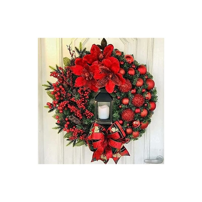 Corona Sagrada de Navidad con Luces, Corona Sagrada de Navidad Vintage Roja con Bolas de Navidad para Puerta de Entrada de Belén de Navidad (40cm)