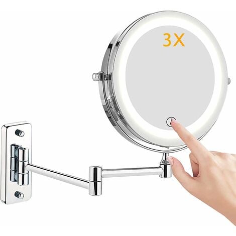 LangRay Espejo de maquillaje con luz LED, montado en la pared 1x/3x, espejo  de maquillaje con aumento de doble cara, giratorio de 360°, plegable, espejo  de afeitar, metal cromado para baño, estudio