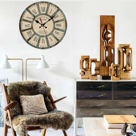 Reloj de pared vintage grande, reloj de pared redondo, de metal,  silencioso, sin tictac, funciona con pilas, relojes de números romanos para  el hogar