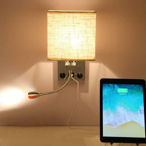 Aplique de pared giratorio con enchufe LED con estante para dormitorio,  mesita de noche, lámpara de pared de lectura de metal oscilante con puerto  de