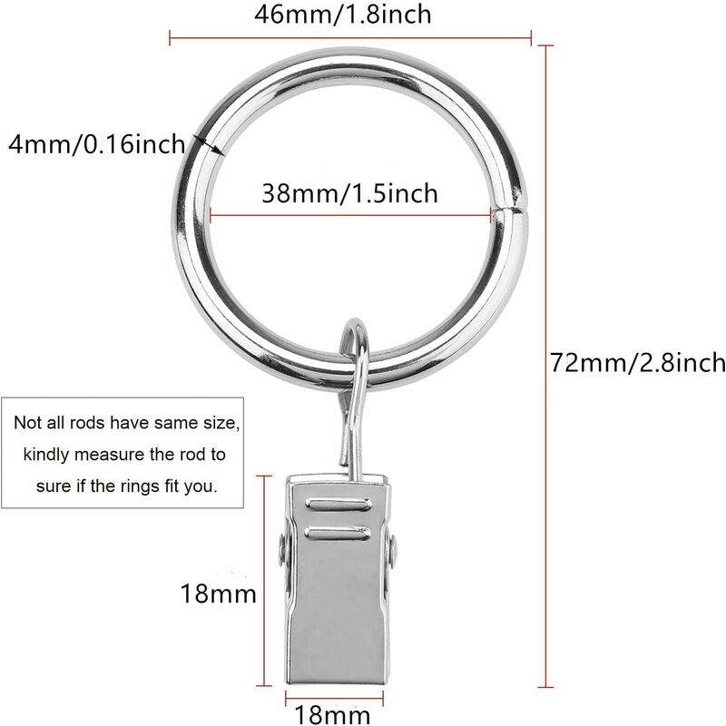 HEEFEN 40pcs Curtain Clip 2 Diametro 25mm 38mm Anelli per Tende in Acciaio Inox con Ganci 