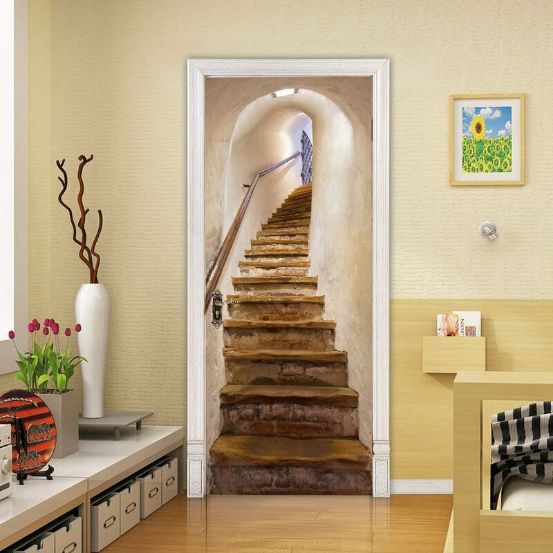 Adesivo per Porte 3D Mountain Stairs Adesivo Murale Decorazione Domestica Art Decal Camera da Letto Bagno Rimovibile Poster Adesivi per Porte-77x200cm 