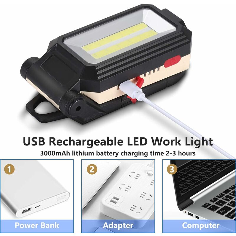BIGFOX Lampada da Lavoro LED+COB Ultra Luminoso USB Ricaricabile Lampade di Ispezione con Base Magnetica e Gancio,Portatile a Torcia 270 Gradi Pieghevole per Riparazione Emergenza Campeggio 