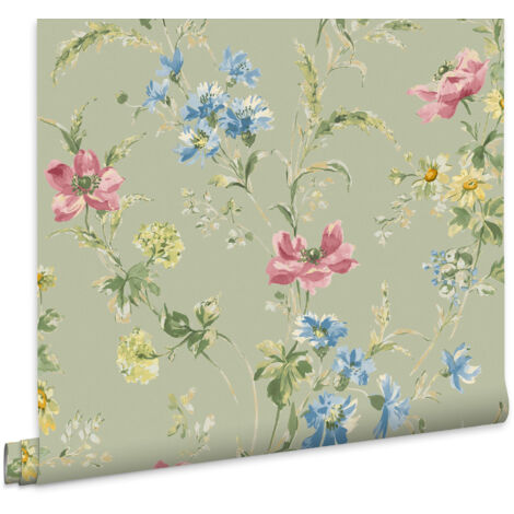 Laura Ashley Poppy Meadow Vliestapete Grun 10mx52cm