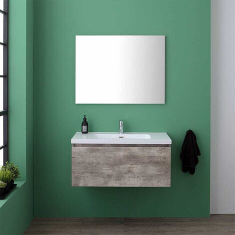 Badezimmerschrank 90cm mit Schublade in Beton Farbe mit Waschbecken und Spiegel Madrid