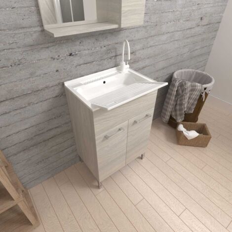Waschtrog Mit Unterschrank 50Cm Mit Waschbrett Und Türen Eiche Grau  Pratico