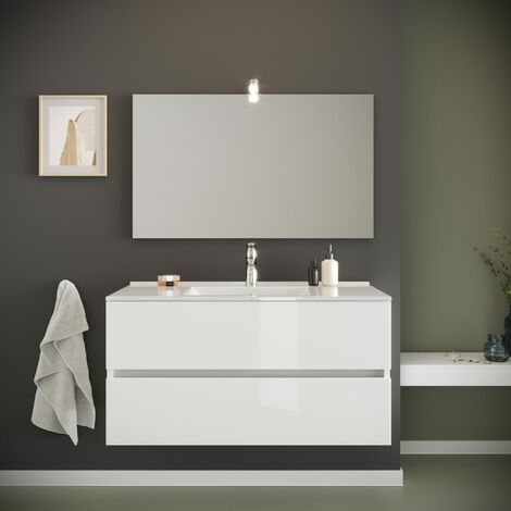 Badmöbel Mit Schubladen 100Cm Weiss Glänzend Mit Waschbecken Und Spiegel  Benaco