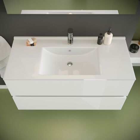 Badmöbel Mit Schubladen 100Cm Weiss Glänzend Mit Waschbecken Und Spiegel  Benaco