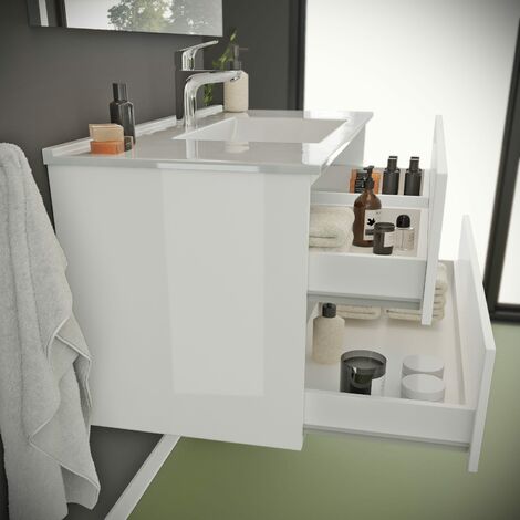 Badmöbel Mit Schubladen 100Cm Weiss Glänzend Mit Waschbecken Und Spiegel  Benaco