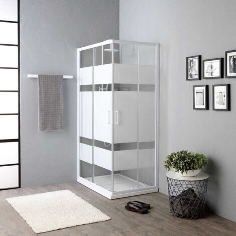 70X100cm Duschkabine Mit Eckeinstieg, Weisser Glasdekor Mit Querstreifen Venere