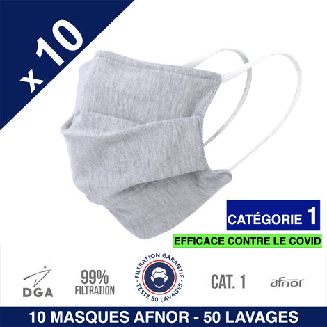 x10 masques ADULTE en tissu lavables et réutilisables UNS 1 - Grand Public Afnor DGA - CATEGORIE 1- Filtration 99% - 50 lavages - GRIS - 25