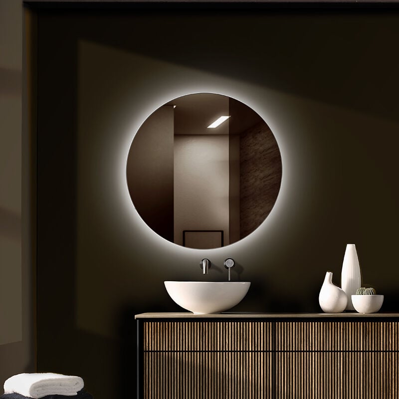  Espejo de baño LED redondo, espejo circular, espejo de tocador  con luces, espejos de baño para pared, espejo de pared pulido sin marco  para baño, tocador, dormitorio, IP44, luz blanca y