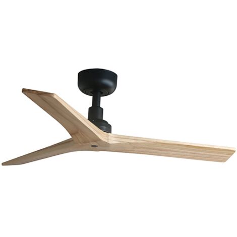 Faro Barcelona – Ventilateur de plafond sans lumière noir – Pales en chêne clair – 6 vitesses réglables – Télécommande incluse – Pour pièces jusqu'à 13 m² (1/4)