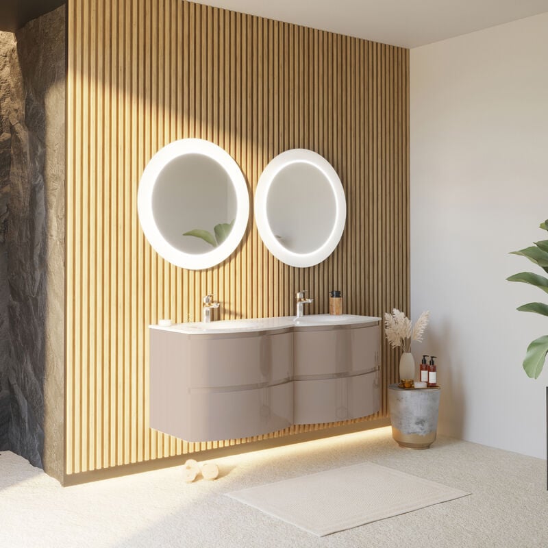 MUEBLE DE BAÑO CAPUCHINO CURVADO DE 140 CM CON LAVABO DOBLE Y ESPEJOS REDONDOS| LOS ANGELES