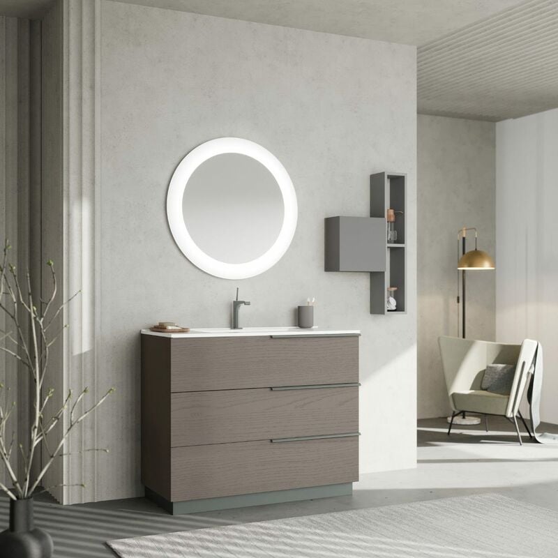 MUEBLE DE BAÑO DE PIE 100CM CAJONES GRIS LED ESPEJO REDONDO | NEW YORK