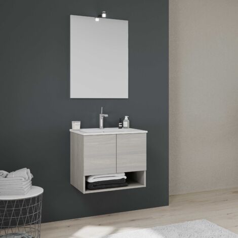 Armario Suspendido Kiamami Valentina De Dos Puertas, Efecto Madera Roble Blanco, 71x63x25 Cm, Con Estante De Cristal, Tiradores Cromados, Para Baño