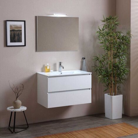 Mueble De Baño Suspendido 80 Cm Con Cajones Y Lavabo De Cerámica Blanco Madera  Berlin