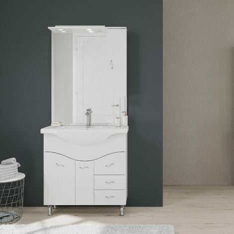 Mueble De Baño De 85 Cm En El Suelo Con Lavabo Espejo Y Mueble De Pared Blanco