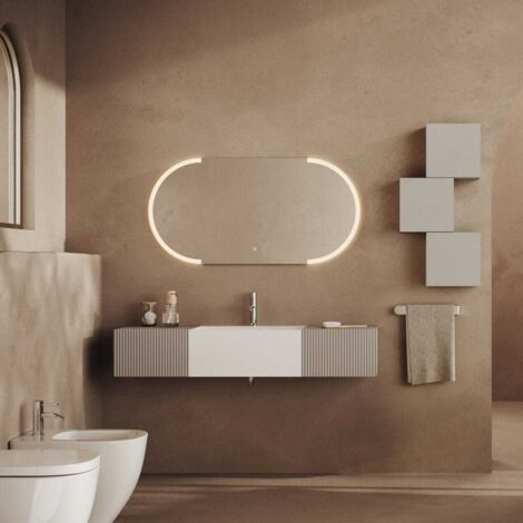 Kiamami Valentina – Mueble de baño suspendido 140cm – 2 cajones gris perla – Espejo ovalado 120cm con iluminación LED – Lavabo blanco (1/3)