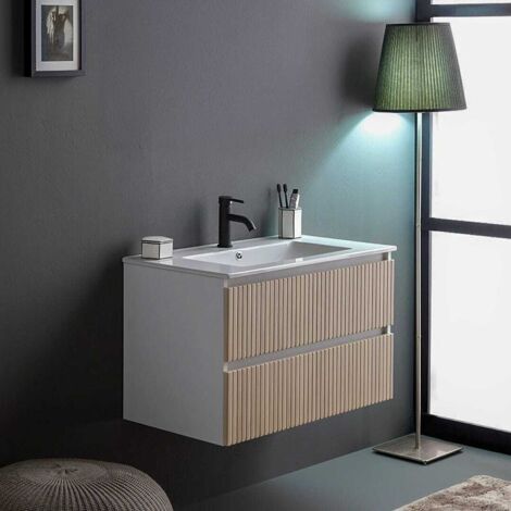 Mueble De Baño Suspendido 80Cm Blanco Con 2 Cajones Roble Canaleado  Bilbao
