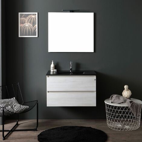 Mueble Baño Negro Suspendido con Lavabo Negro, Negro - Blanco 80cm