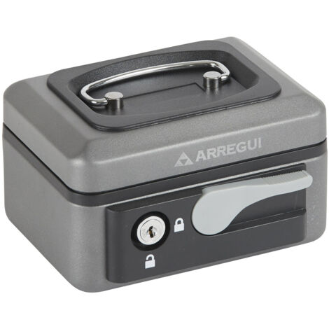ARREGUI Popup C9716 Caisse à monnaie et billets à clé et bouton pour ranger et transporter l'argent Caisse en acier monnayeur et compartiment pieces Coffre fort portatif 15 cm Gris graphite (1/5)