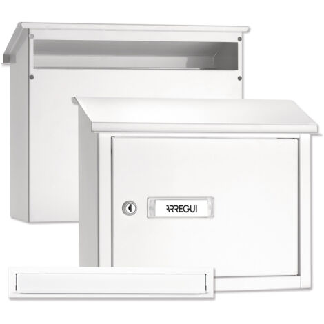 ARREGUI V4081 Pack Bouche d'entrée + Boîte aux lettre en acier pour porte, mur et portail, Fente de 32,5 x 3 cm, Taille M (Courrier A4) Résistant aux intempéries, Installation facile, Blanc
