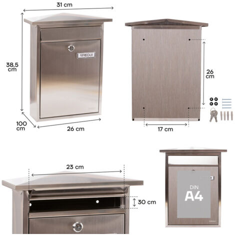 ARREGUI Home E5717 Boîte aux Lettres Individuelle en Acier Inoxydable, Taille M (courrier A4, magazine), Boîte aux Lettres Murale au Fond Étroit, Anti-pluie, Anticorrosion, Facile à Installer, Inox