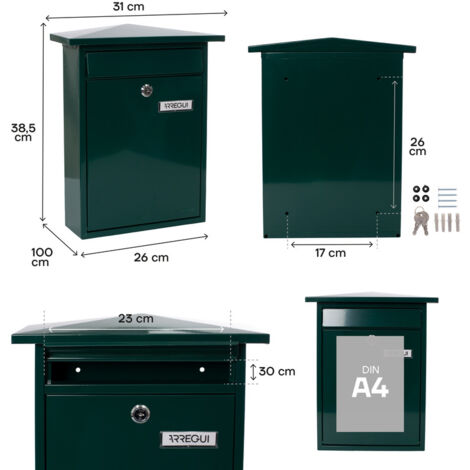 ARREGUI Home E5713 Boîte aux Lettres Individuelle en Acier, Taille M (Courrier Format A4, Magazine), Boîte aux Lettres Murale au Fond Étroit, Anti-pluie, Facile à Installer, Vert