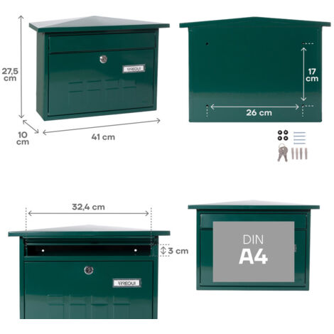 ARREGUI Deco E5703 Boîte aux Lettres Individuelle en Acier, Taille M (Courrier Format A4, Magazine), Boîte aux Lettres Murale au Fond Étroit, Anti-pluie, Facile à Installer, Vert