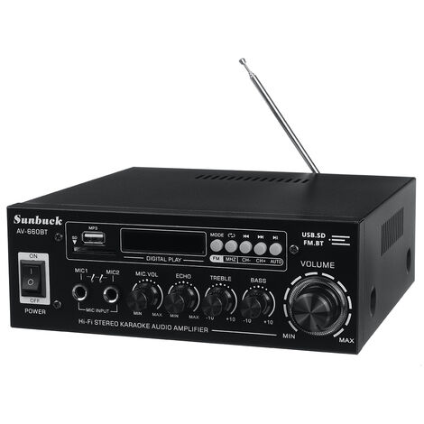 2000W 220V+DC12V Car Home bluetooth5.0 FM Audio Amplificador de potencia Mezclador 5 Band EQ Stereo AMP AUX SD+USB+2 Entradas de micrófono con control remoto (Negro Enchufe de la UE) Coxolo