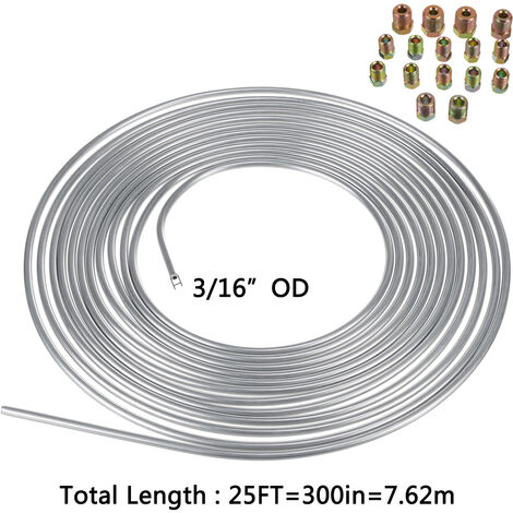 25Ft Coil Roll of 3/16''OD Steel Zinc Brake Line Fuel Tubing Kit with 16 Fittings