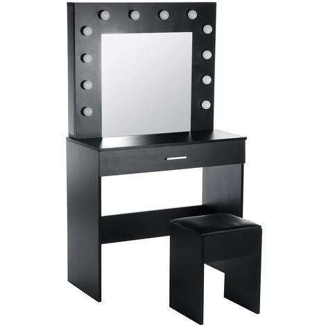 Led Lights Mirror Makeup Desk Stool, Black Vanity Desk Mirror