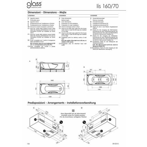 Glass - Vasca Astor con Pannello 170x70 cm