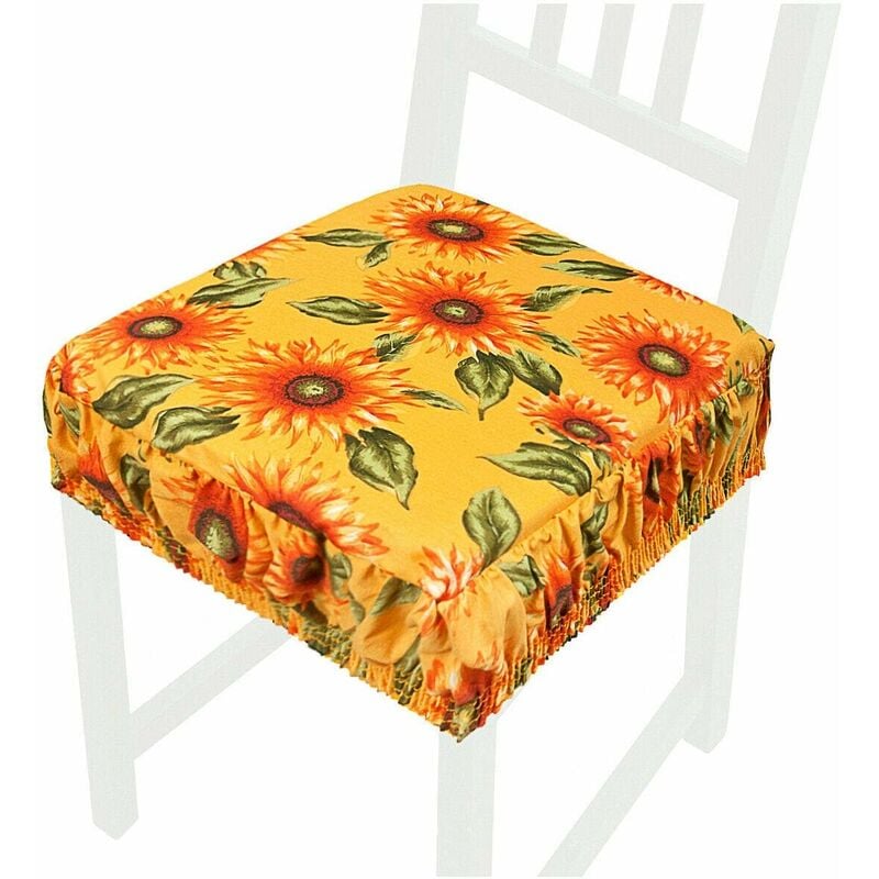 Cuscino Sedia Cotone Sfoderabile Lavabile Fascia Elastica Coprisedia  Girasoli 100% Made In Italy - Giallo