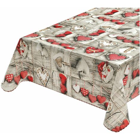 Tovaglia Antimacchia Cucina Shabby Chic Cuori Bordata Cotone Plastificato Proteggi Tavolo Copritavolo - 135x180 cm