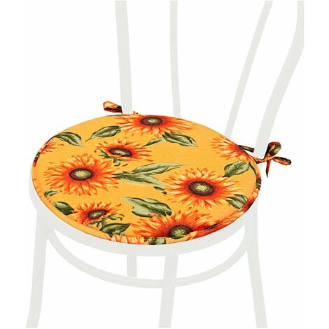 Cuscino Sedia Rotondo Morbido Lavabile Laccetti Fissaggio Girasoli 100% Made In Italy - Giallo