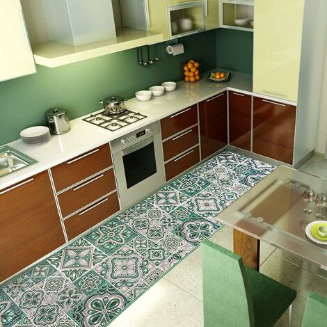Tappeto Cucina Tessuto Gobelin Passatoia Lavabile Antiscivolo Maioliche  100% Made In Italy Blu - 52x40 cm