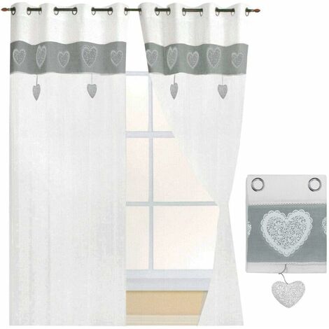 Tende Finestre Porta Interno Tessuto Lino Semitrasparente Coppia 2 Pz Shabby Chic Cuori Grigio - 140x290 cm